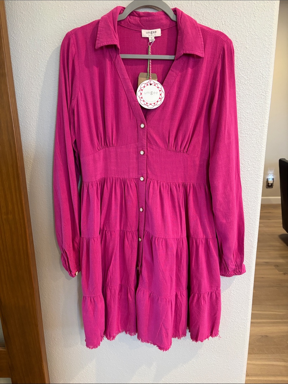 Umgee Fuchsia Long Sleeve Tiered Button Dress